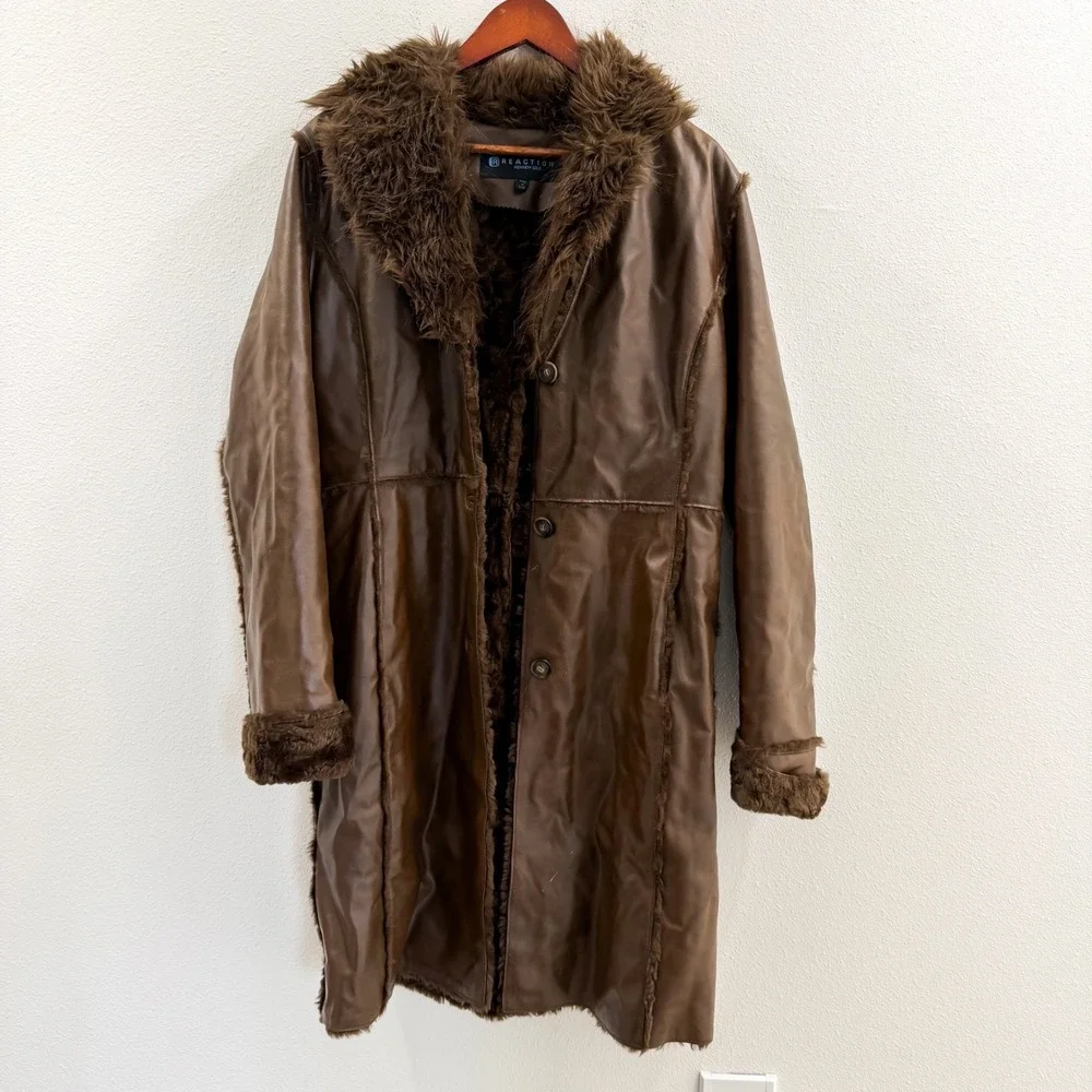 Vintage Y2K Penny Lane 70s Retro 100% Leather Faux Fur Kenneth Cole Brown Coat M - Picture 4 of 13